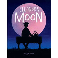 A silhouette of an older person and a child sitting on a bench in front of a large full moon.
