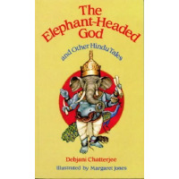 A blue god with an elephant hand poses before a yellow background.