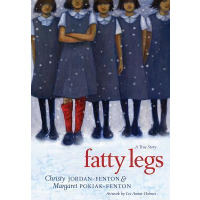 A group of girls in school dresses stands together in the snow. Only one has red socks.
