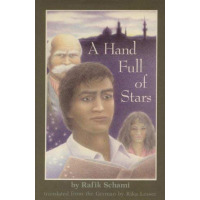 A young man holds open a book with the faces of an old man and old woman behind him.