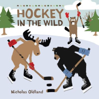 A moose and bear play hockey against each other as a beaver cheers in the background.