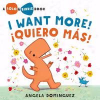 An orange dinosaur and tiny blue bird dance beneath falling flowers.