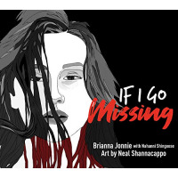 Black and white illustration of a woman with long hair and red blood dripping down her neck.