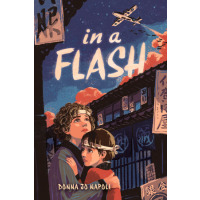 Two children hold each other in the street as a war plane flies overhead.