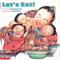 A mom hugs her three kids in front of bowls full of food.