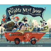 Pirates sit together in a small car made to look like a red boat.