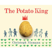 A photo of a potato with a red crown drawn over it, with six silhouettes drawn around it, all with their hands on their hips.