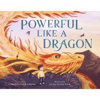 A young boy looks up at a giant golden dragon that smiles at him.