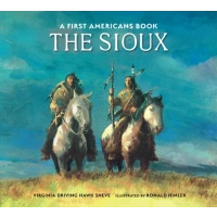 Two Sioux people sit on top of horses.
