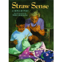 An old woman watches a young boy tie a bag of straw together.