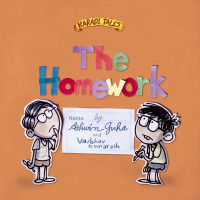 Two children holding pencils look up at the title made of cut out construction paper.
