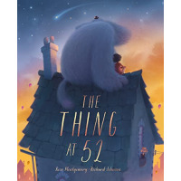 A girl and a large white fluffy monster sit on top of a house.