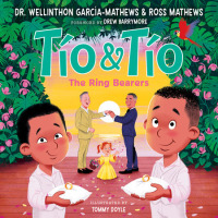Two young boys hold rings, behind them are two men getting married and a young girl throwing flower petals at their feet.