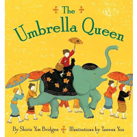 A woman rides an elephant while holding an umbrella. Other women with umbrellas walk beside the elephant.