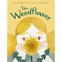 A young girl stares at a yellow blooming dandelion.