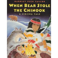 A group of animals with an Indigenous person and a bear in the background.