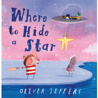A young boy waves an alien spaceship holding a star down to park on an iceberg.