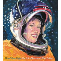 A smiling woman dressed in a bulky spacesuit