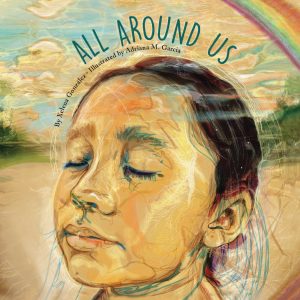 All Around Us cover features girl meditating on circles with a portion of a rainbow visible in the upper right corner