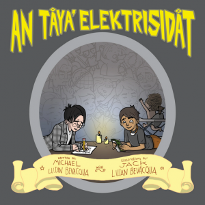 Two children at a table in the dark.