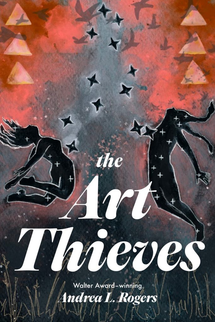 Cover of The Art Thieves in which two silhouettes rise into the watercolor red sky with stars between them.
