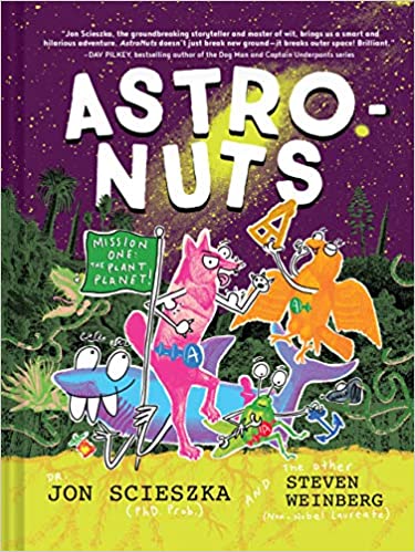 AstroNuts cover depicts characters AlphaWolf, SmartHawk, LaserShark and StinkBug on the Plant Planet with plants on the horizon and a starry sky.