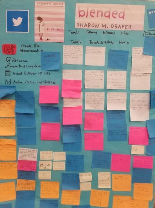 Mock Twitter showing colorful post it notes on a blue posterboard.