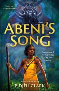 An African girl with short hair stands ni a forest armed with a long branch and wooden shield. Behind her are large god-like beings.