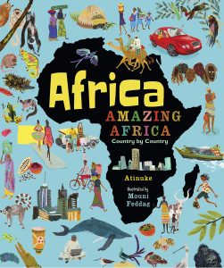 A silhouette of the African continent surrounded by people, cities, insects and animals all found within in.