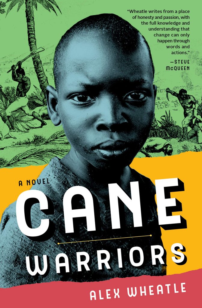 Cover art for Cane Warriors features a blue and black photograph of a young Black boy with an ink drawing of Tacky's Rebellion in the background.
