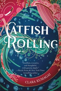 A pink fish with a teal tail swims in a circle around the edges of the dark blue cover.