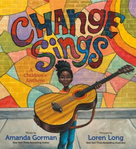Bright mosaic colors highlight a black girl holding a guitar.