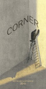 A crow stands on a ladder in the corner of a concrete room, holding chalk.