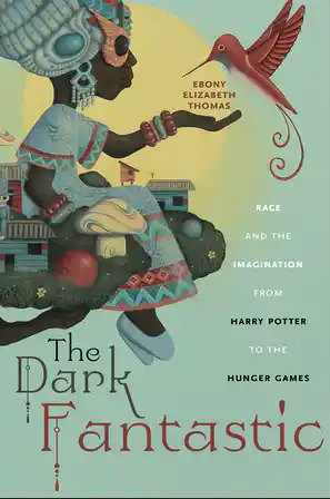 Cover art for The Dark Fantastic includes a Black girl sitting on the edge of a tree village extending her hand to a fantastical bird.