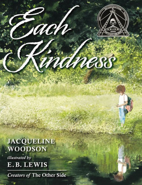 Cover of Each Kindness depicting a young black girl at the edge of a reflective pool of water,surrounded by greenery with a forest in the background.