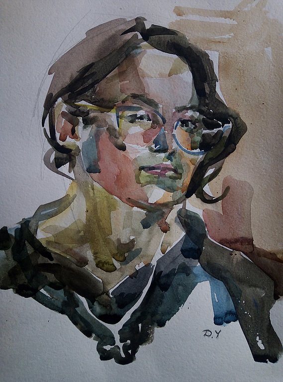 watercolor self-portrait in muted browns of Diana wearing glasses