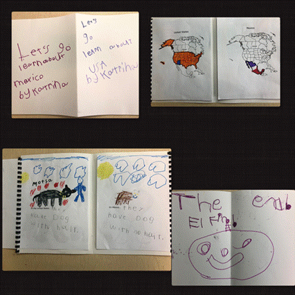Katrina's cover (upper left), maps of the U.S. and Mexico (upper right), Logan's pages about dogs in the U.S. and Mexico's Xoloitzcuintle (hairless dog) (lower left), and McKenzie's back cover (The End/ El Fin).