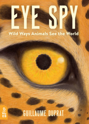 Book Cover for Eye Spy using black and yellow orange tones features an up close look at a cheetah eye.