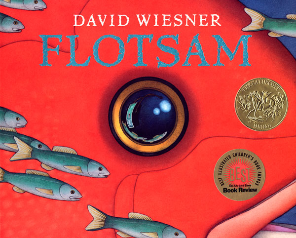 Cover of Flotsam depicting a circular camera lens, which resembles an eye, in the middle of a red cover. Small blue fish swim by in the bottom left corner.