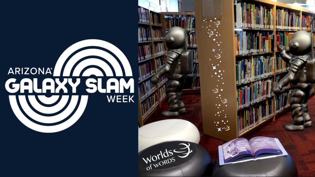 Galaxy Slam logo with image of astronauts pulling books from the Worlds of Words bookshelves
