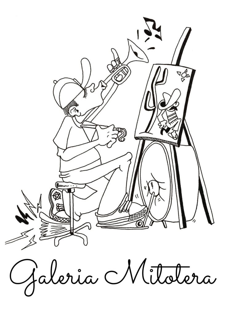 Galería Mitotera logo is black and white line art of a man playing the trumpet and bass drum while painting on an easel