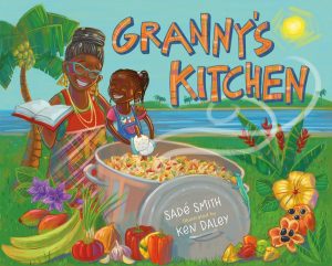 A young Black girl and her grandmother stand together smiling as they cook a large pot full of food.