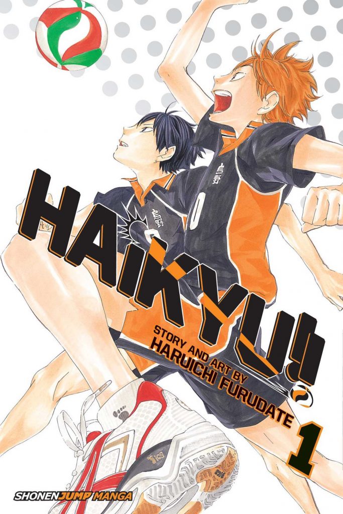 Two high school boys, one with orange hair and one with black hair, jump across the cover.