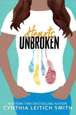 Cover art for Hearts Unbroken shows a drawn torso of a girl with long brown hair in jeans and a T-shirt. The T-shirt's printing says Hearts UNBROKEN with four feathers beneath the text.