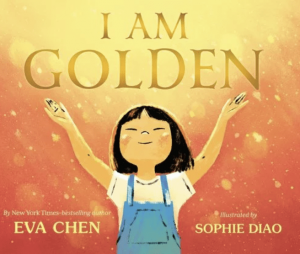 A Chinese American girl holds her hands to the sky, facing upward as gold shimmers in the background