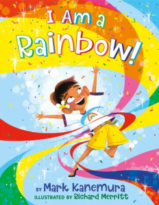 Child jumping with a rainbow of colors