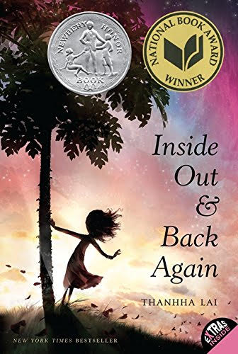 Cover of Inside Out and Back Again shows a girl in silhouette holding a palm tree with a vibrant dusk or dawn horizon.