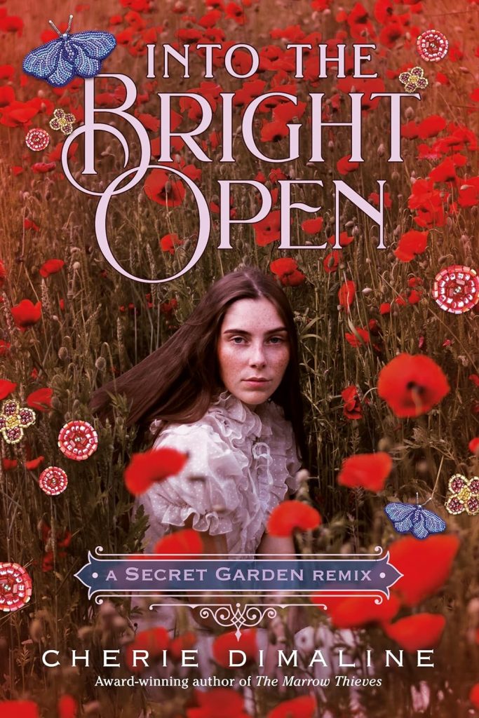 Girl in frilly top regards the reader from a field of red flowers