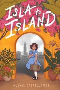 A young girl in a blue dress holds a small suitcase and stands beneath a yellow doorway surrounded by plants, the gray New York City skyline behind her.