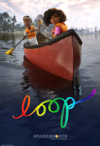 Movie poster of the short film Loop, depicting a young black girl and black boy in orange life vests on a canoe.